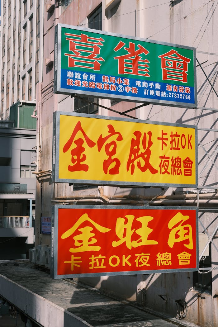 Vibrant Chinese signs in urban setting showcasing nightlife and businesses.